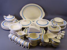 GRINDLEY MID-CENTURY DINNERWARE, cream and coloured with blue stripe, approx 52 pieces