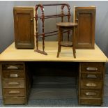 VINTAGE FURNITURE ENSEMBLE to include the pedestal sections of an oak desk, now with modern board