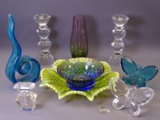 SWAROVSKI STYLE CANDLEHOLDERS, a pair, 21cms H, Vaseline glass dish, commemorative glass bowl and