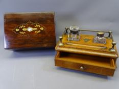 VICTORIAN INLAID ROSEWOOD NEEDLEWORK/JEWELLERY BOX and a similar date oak desk stand and various ink