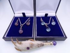 AQUAMARINE & AMETHYST TYPE STONE SET JEWELLERY to include two facet cut pendant drop and earrings