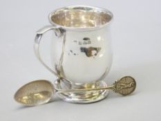 HALLMARKED SILVER PRESENTATION MUG & A GOLF CLUB TEASPOON, Birmingham 1927, maker William Neale, 7.