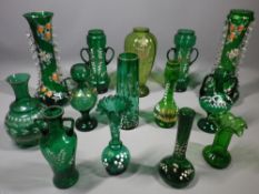 VICTORIAN & LATER ENAMEL DECORATED GREEN GLASS VASES, a collection of 14 pieces