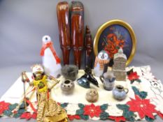 AFRICAN CARVED WALL HANGINGS, Indian puppet, novelty money box, a Poole dolphin and assorted other