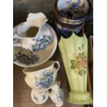 VICTORIAN WASH BASIN & JUG SET, slop pail, porcelain umbrella stand with sticks