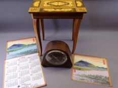 MUSICAL WORKTABLE, polished mantel clock and a Mount Fuji souvenir tapestry