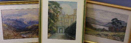 A ALLAN watercolour - Country House, an unsigned watercolour of a mountainous landscape and a CLAUDE