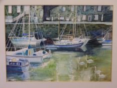 R PAYNE watercolour - Porthmadog Harbour with boats and swans, signed and dated 2001, 24 x 34cms