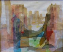 MERYL WATTS watercolour - abstract impression 'Castle and Tower scene' faded signature bottom right,