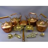 FOUR VICTORIAN COPPER KETTLES with acorn lid knops, vintage brassware and a long-handled copper