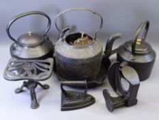 METALWARE - three old iron kettles, frying pan, trivet stand, foot last ETC