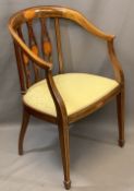 CIRCA 1900 INLAID MAHOGANY ARMCHAIR with simulated walnut oval panels, 84cms H, 54cms W, 46cms