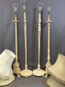 TWO PAIRS OF CREAM PAINTED STANDARD LAMPS WITH SHADES, 150 and 155cm heights, lamps only