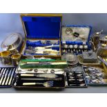 EPNS & SMALL SILVER, cased cutlery, tea service items, food servers, a golf themed beaten pewter