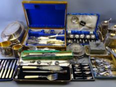 EPNS & SMALL SILVER, cased cutlery, tea service items, food servers, a golf themed beaten pewter