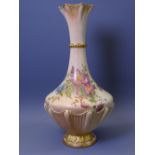ROYAL WORCESTER BLUSH FLORAL CHINA - A tall narrow necked vase on a circular base with fluted