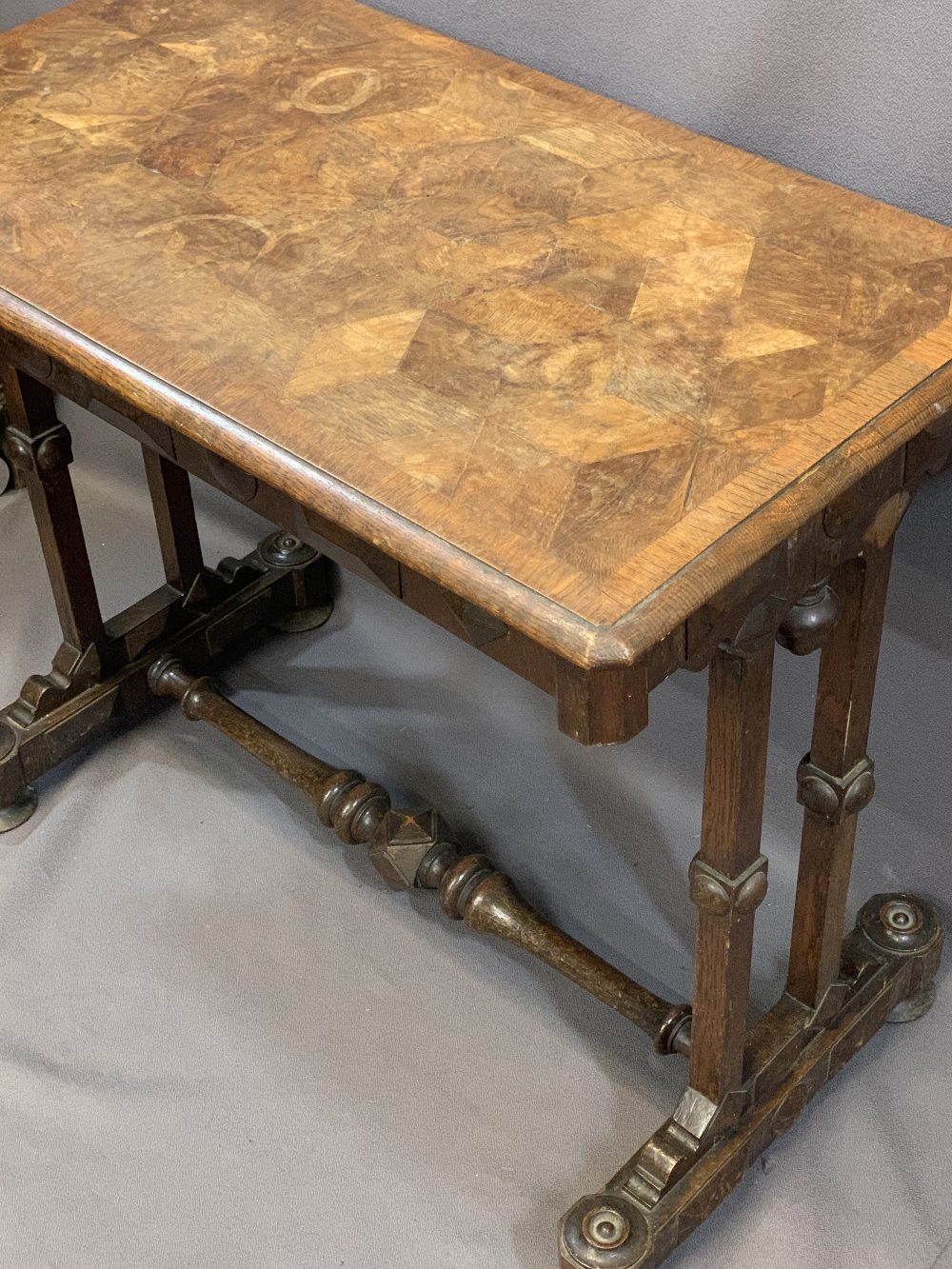 GOTHIC TYPE HALL TABLE with crossbanded and segmented walnut inlaid top over twin end supports and - Image 2 of 3