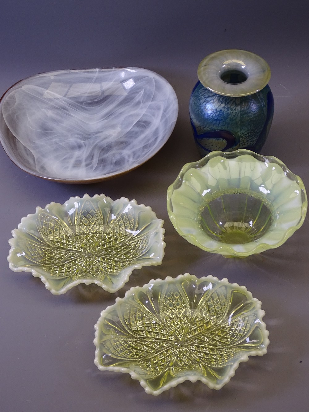 VASELINE GLASS DISHES, a pair, 16cms W, similar deeper bowl, Alum Bay vase, 12.5cms H and an Art