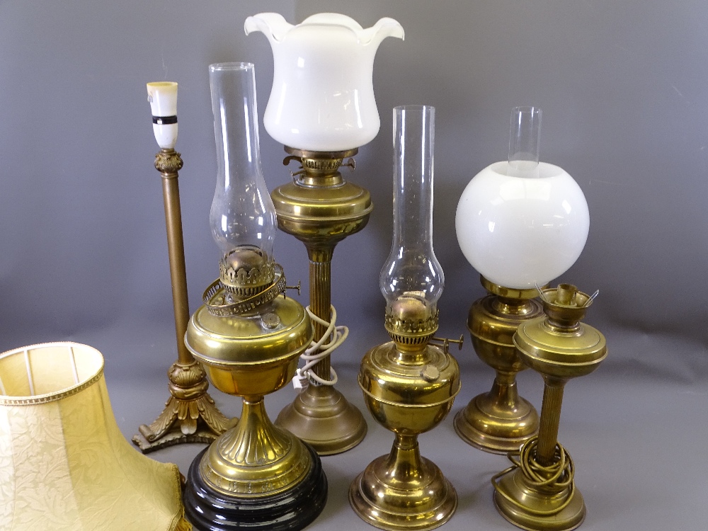 VINTAGE & LATER BRASS OIL TYPE & OTHER LAMPS (6), two having been converted to electricity