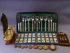 VINERS STUDIO BOXED CUTLERY, Wills cigarette card album with contents, souvenir spoons, brass boat