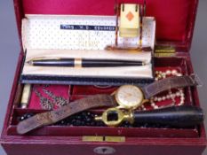 EARLY 20TH CENTURY BURGUNDY JEWELLERY BOX & CONTENTS to include a Parker pen in original box,