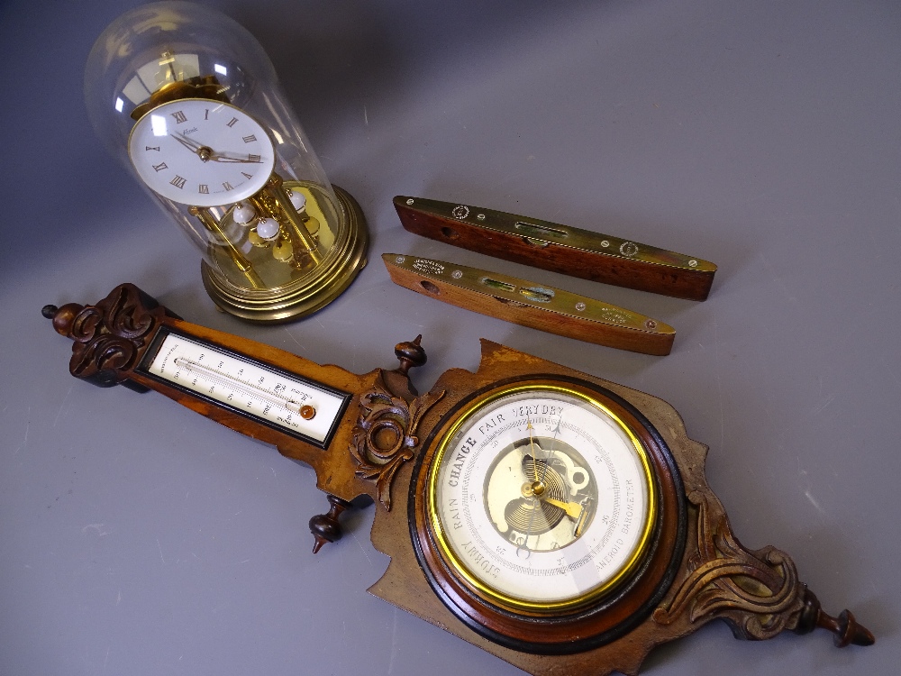 CARVED ANEROID WALL BAROMETER, two vintage spirit levels, one marked 'J. Rabone & Sons