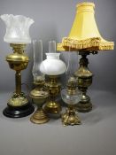 BRASS & OTHER VINTAGE & LATER OIL LAMPS (5) including one with a clear and cut glass font, a
