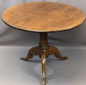 ANTIQUE OAK CIRCULAR TRIPOD TILT-TOP TABLE, the 91.5cms diameter top on a turned column base and