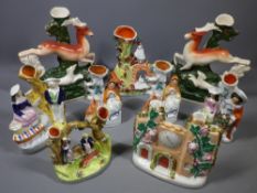 STAFFORDSHIRE POTTERY FLATBACK FIGURINES, spill holder group of 9