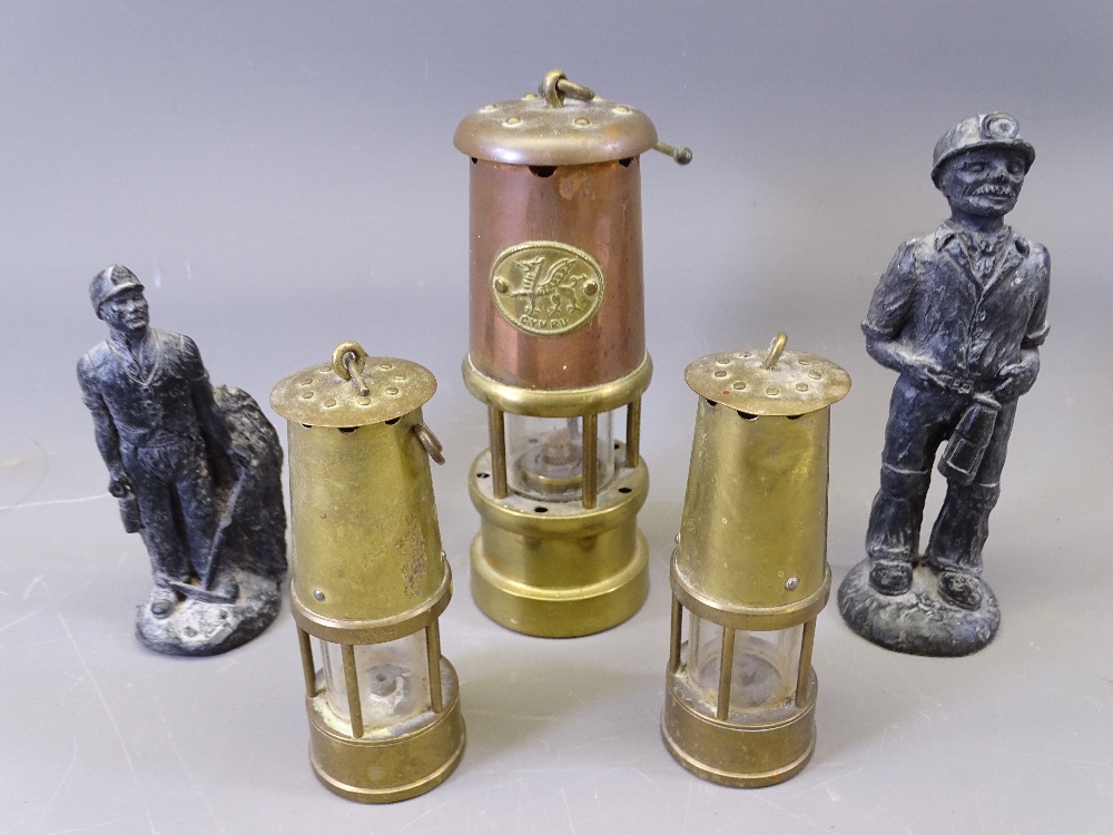 MINIATURE MINER'S TYPE LAMPS (3) and two Coal figurines