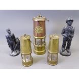 MINIATURE MINER'S TYPE LAMPS (3) and two Coal figurines