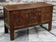 17TH CENTURY-STYLE JOINED OAK COFFER, elaborately carved panel, muntins and stiles, spuriously