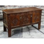 17TH CENTURY-STYLE JOINED OAK COFFER, elaborately carved panel, muntins and stiles, spuriously