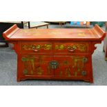 MODERN CHINESE RED LACQUER-STYLE LOW TABLE CABINET, 126cms wide