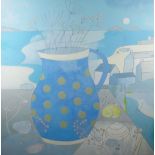STUART KETTLE oil on board - St. Ives School influence, blue jug with coastal village beyond,