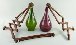 SMALL MID-CENTURY PAIR OF SCANDINAVIAN TEAK & GLASS SCISSOR WALL LIGHTS, colour-cased teardrop