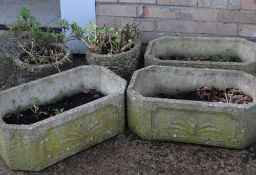 FIVE GARDEN PLANTERS, comprising a pair of circular pots with floral decoration and a set of three