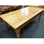 VICTORIAN PINE KITCHEN TABLE, with boarded top and cleated ends, turned legs, 186 x 90cms