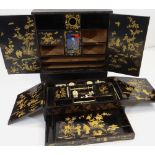 19TH CENTURY CHINESE BLACK & GOLD LACQUER WORK BOX CABINET, c. 1900, the workbox top with flaps