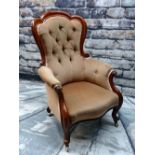 VICTORIAN WALNUT ARMCHAIR, button upholstered back, padded arms and stuffover serpentine seat,