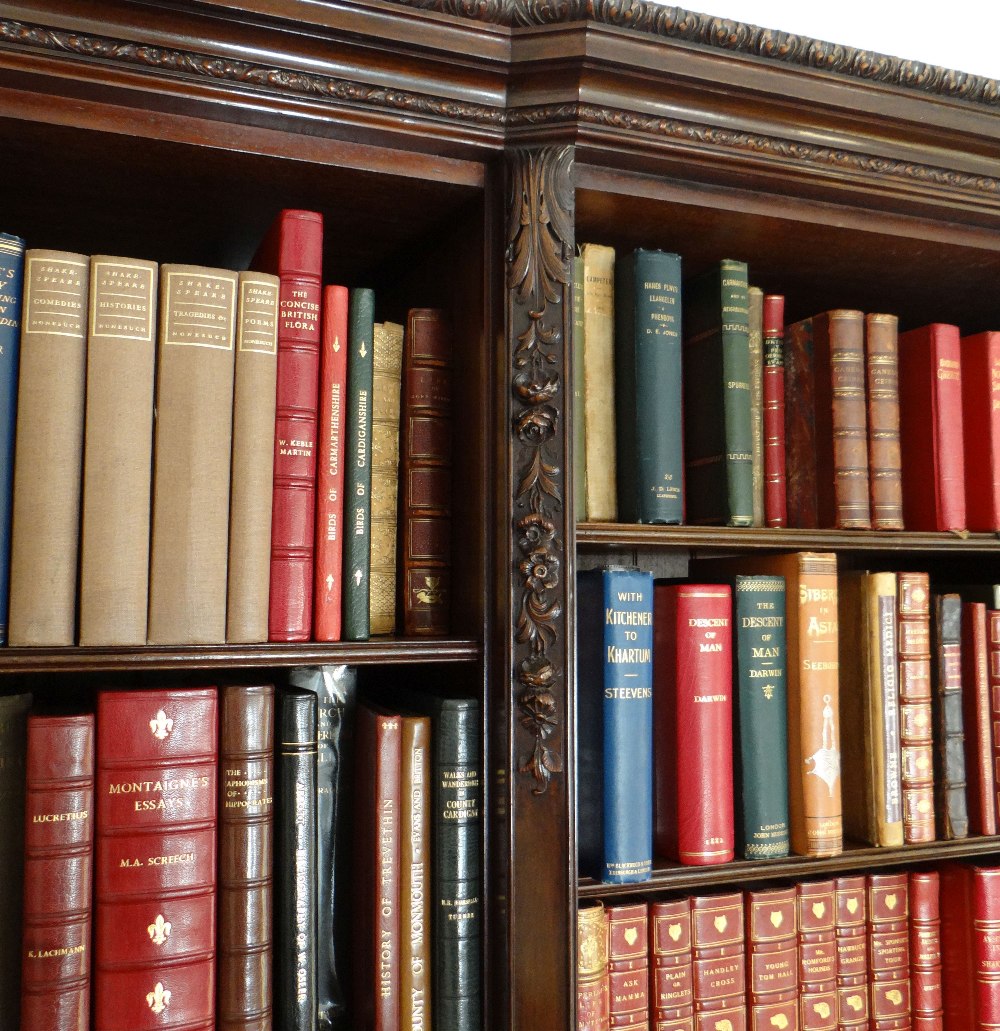 FINE WARING & GILLOW MAHOGANY BREAKFRONT BOOKCASE, foliate carved cavetto cornice above astragal - Image 7 of 8