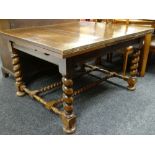 JACOBEAN-STYLE OAK DRAW LEAF DINING TABLE, barley-twist legs and double stretchers, bun feet, 212cms