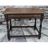 18TH CENTURY & LATER OAK TABLE, boarded and moulded top, carved frieze, baluster turned legs and bar