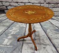 ANTIQUE ELM & MAHOGANY OCCASIONAL TABLE, with oval top inlaid with musical motifs within ribbon