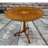 ANTIQUE ELM & MAHOGANY OCCASIONAL TABLE, with oval top inlaid with musical motifs within ribbon