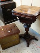 EARLY VICTORIAN ROSEWOOD WORK TABLE & BRASS CLAD BOX STOOL (2)