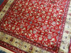 MODERN KASHMIR RUG, artificial silk, allover red scrolling palmette field, ivory palmette border and