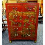 MODERN CHINESE RED LACQUER-STYLE TEN-DRAWER CHEST, 77cms wide