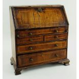 GEORGE II-STYLE MINIATURE WALNUT AND BOXWOOD STRUNG BUREAU, angled fall and fitted interior on