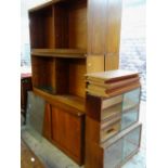 SIX MODERN TEAK DISPLAY CABINETS with sliding glass doors, and an oak stacking bookcase (7)